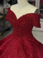 Robe de bal rouge luxueuse à épaules dénudées, ornée de paillettes et de perles, pour une soirée Sweet 16 (Y1275)
