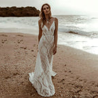 Robes de mariée sirène sexy en dentelle à col en V, bretelles spaghetti, sans manches et dos nu, collection 2023 