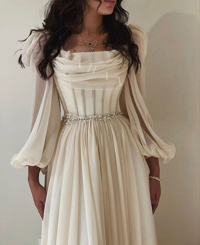 Beige Short Midi Arabic Evening Dress with Belt Long Sleeve Tea Length Women Formal Wedding Party Gowns Y4847