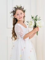 Vestido de niña de las flores color salvia con escote redondo, superficie de tela y tul (2003227581) 