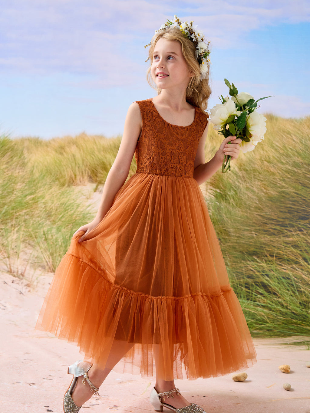 Vestido largo de tul y encaje estilo boho para niña de las flores 
