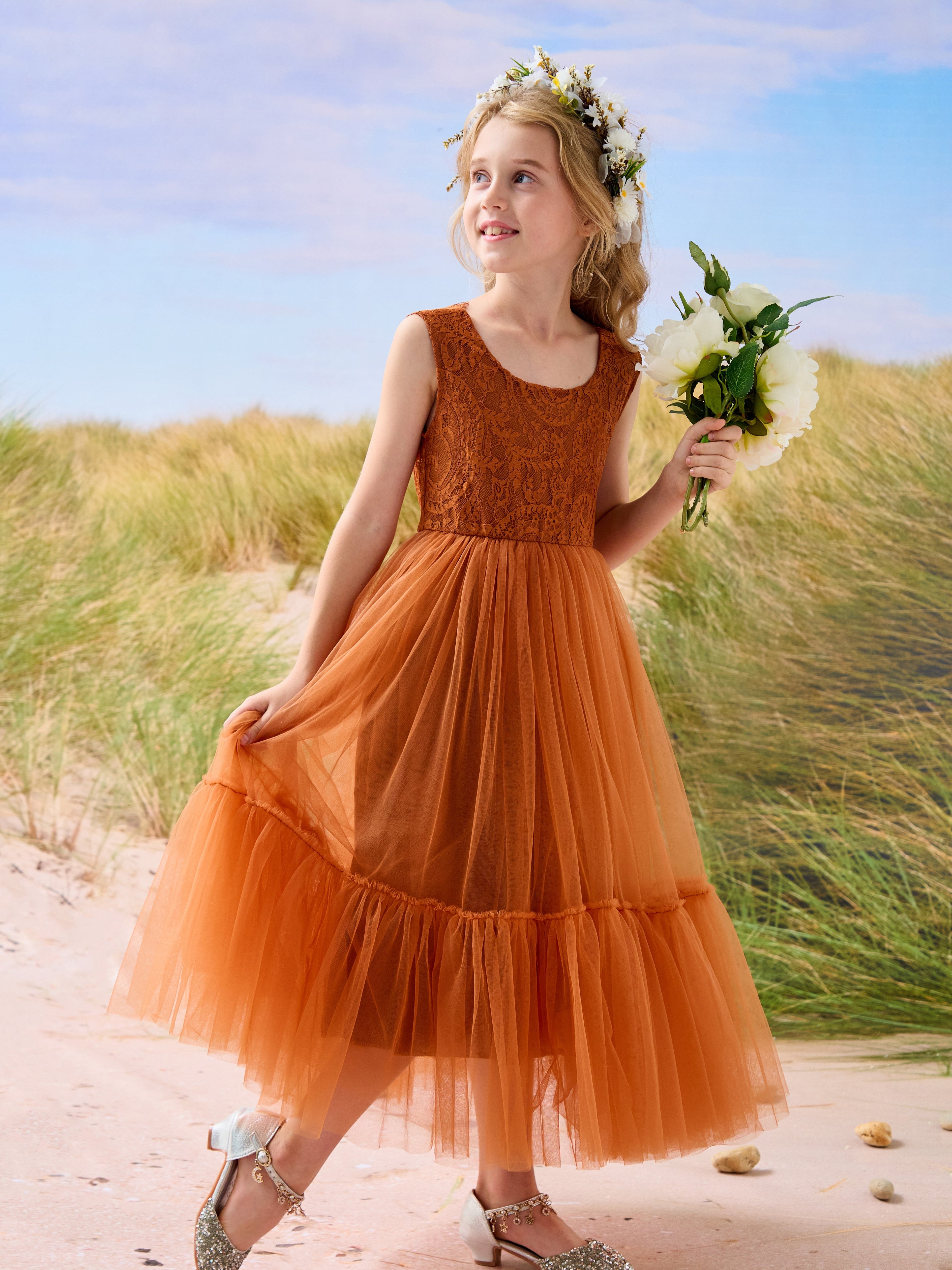 Vestido largo de tul y encaje estilo boho para niña de las flores 