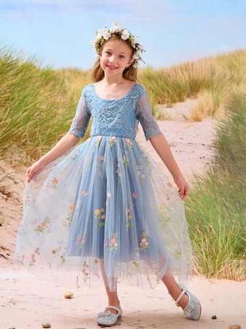 Vestido de niña de las flores color salvia con escote redondo, superficie de tela y tul (2003227581) 