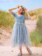 Vestido de niña de las flores color salvia con escote redondo, superficie de tela y tul (2003227581) 