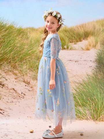 Vestido de niña de las flores color salvia con escote redondo, superficie de tela y tul (2003227581) 