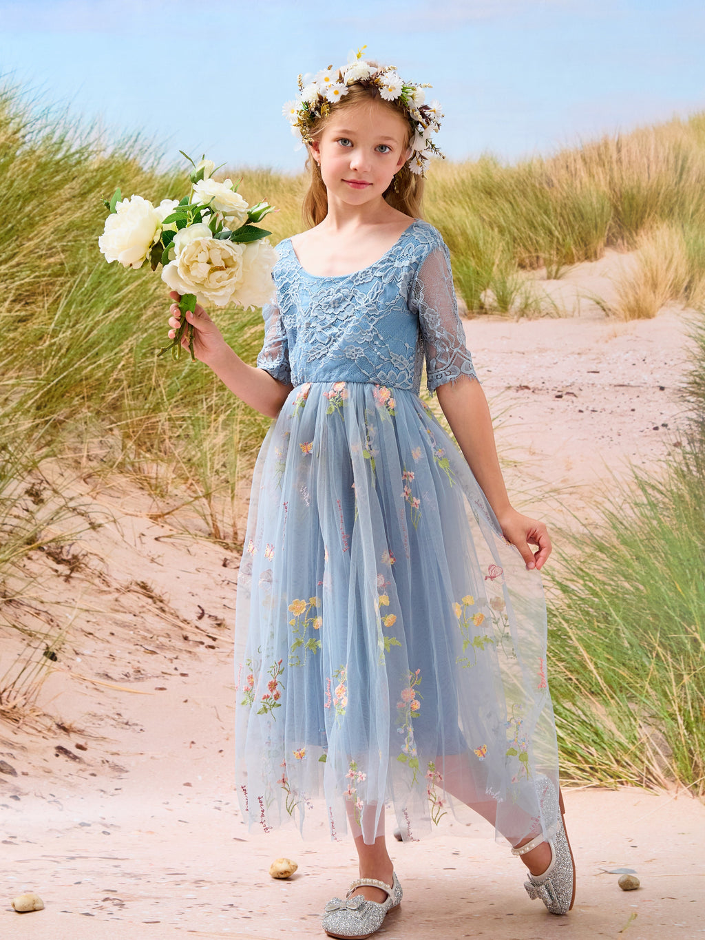 Vestido de niña de las flores color salvia con escote redondo, superficie de tela y tul (2003227581) 
