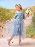 Vestido de niña de las flores color salvia con escote redondo, superficie de tela y tul (2003227581) 