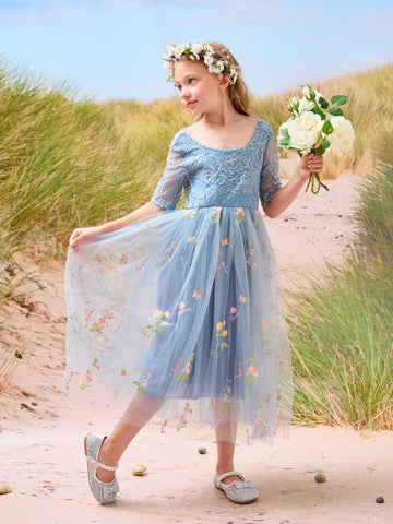 Vestido de niña de las flores color salvia con escote redondo, superficie de tela y tul (2003227581) 