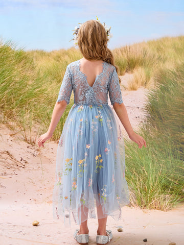 Vestido de niña de las flores color salvia con escote redondo, superficie de tela y tul (2003227581) 