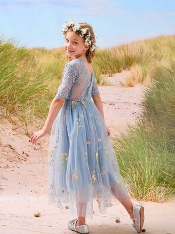 Vestido de niña de las flores color salvia con escote redondo, superficie de tela y tul (2003227581) 