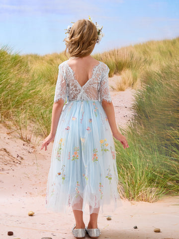 Vestido de niña de las flores color salvia con escote redondo, superficie de tela y tul (2003227581) 