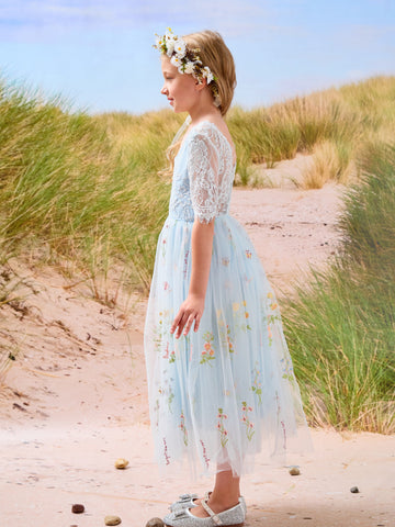 Vestido de niña de las flores color salvia con escote redondo, superficie de tela y tul (2003227581) 