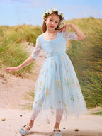 Vestido de niña de las flores color salvia con escote redondo, superficie de tela y tul (2003227581) 