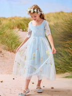 Vestido de niña de las flores color salvia con escote redondo, superficie de tela y tul (2003227581) 