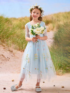 Vestido de niña de las flores color salvia con escote redondo, superficie de tela y tul (2003227581) 
