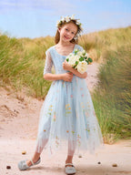 Vestido de niña de las flores color salvia con escote redondo, superficie de tela y tul (2003227581) 