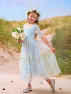 Vestido de niña de las flores color salvia con escote redondo, superficie de tela y tul (2003227581) 