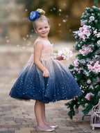 Impresionante vestido de niña azul degradado de tul hasta la rodilla 