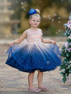 Impresionante vestido de niña azul degradado de tul hasta la rodilla 