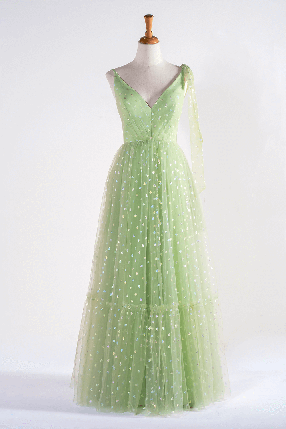 Robe de bal longue en tulle à pois, col en V