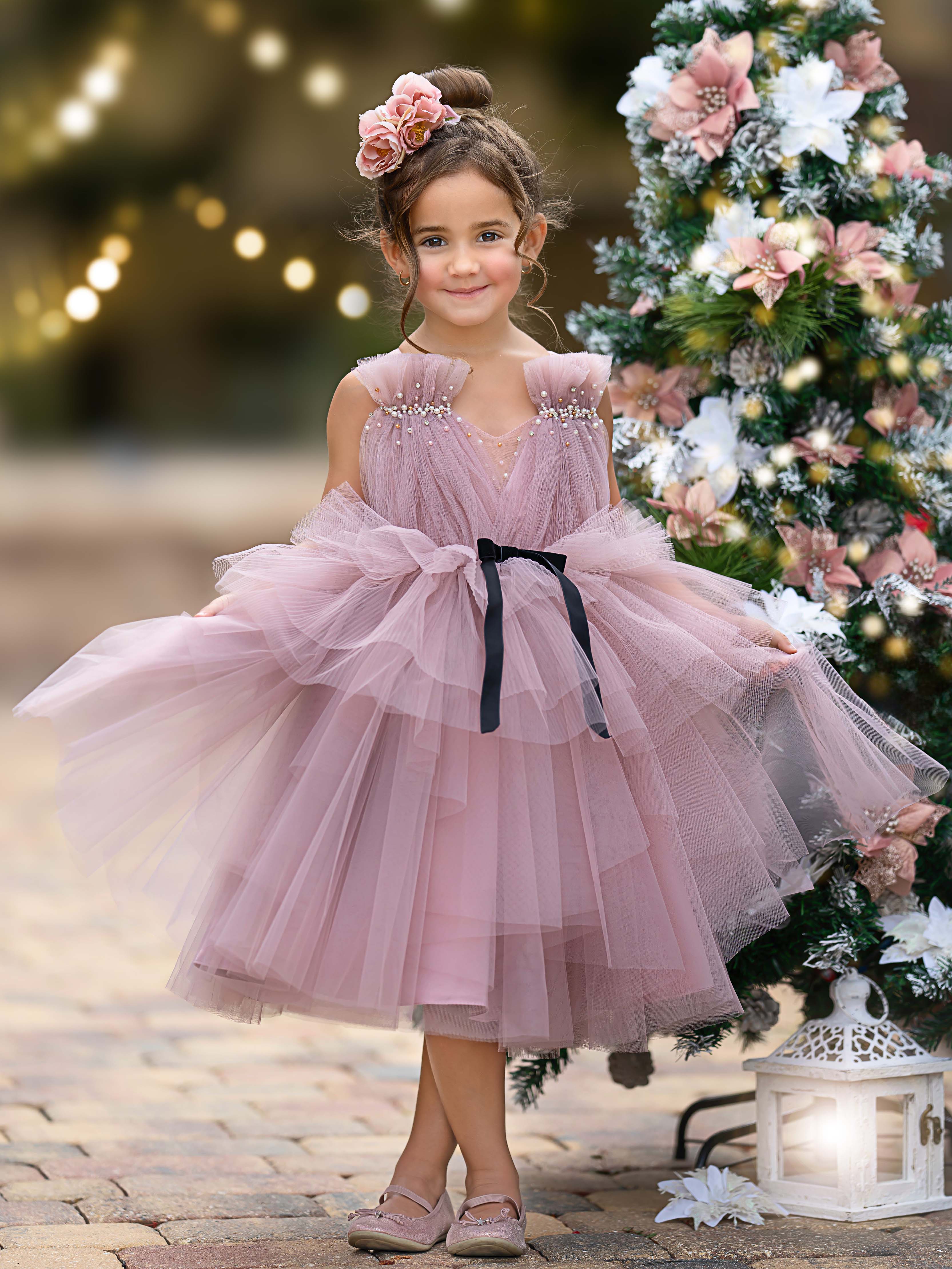 Vestido de niña de las flores de tul sin mangas hasta la rodilla