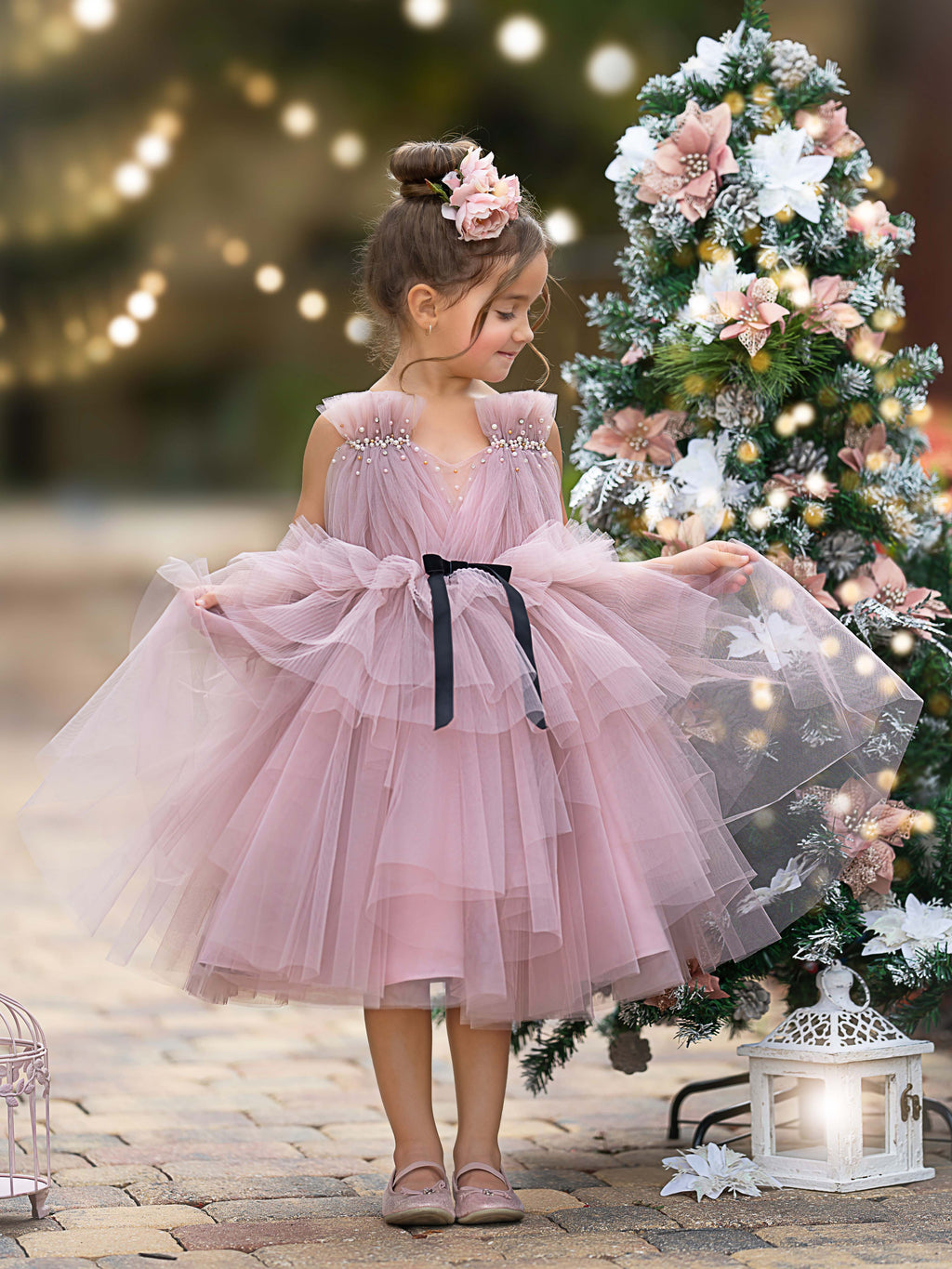 Vestido de niña de las flores de tul sin mangas hasta la rodilla