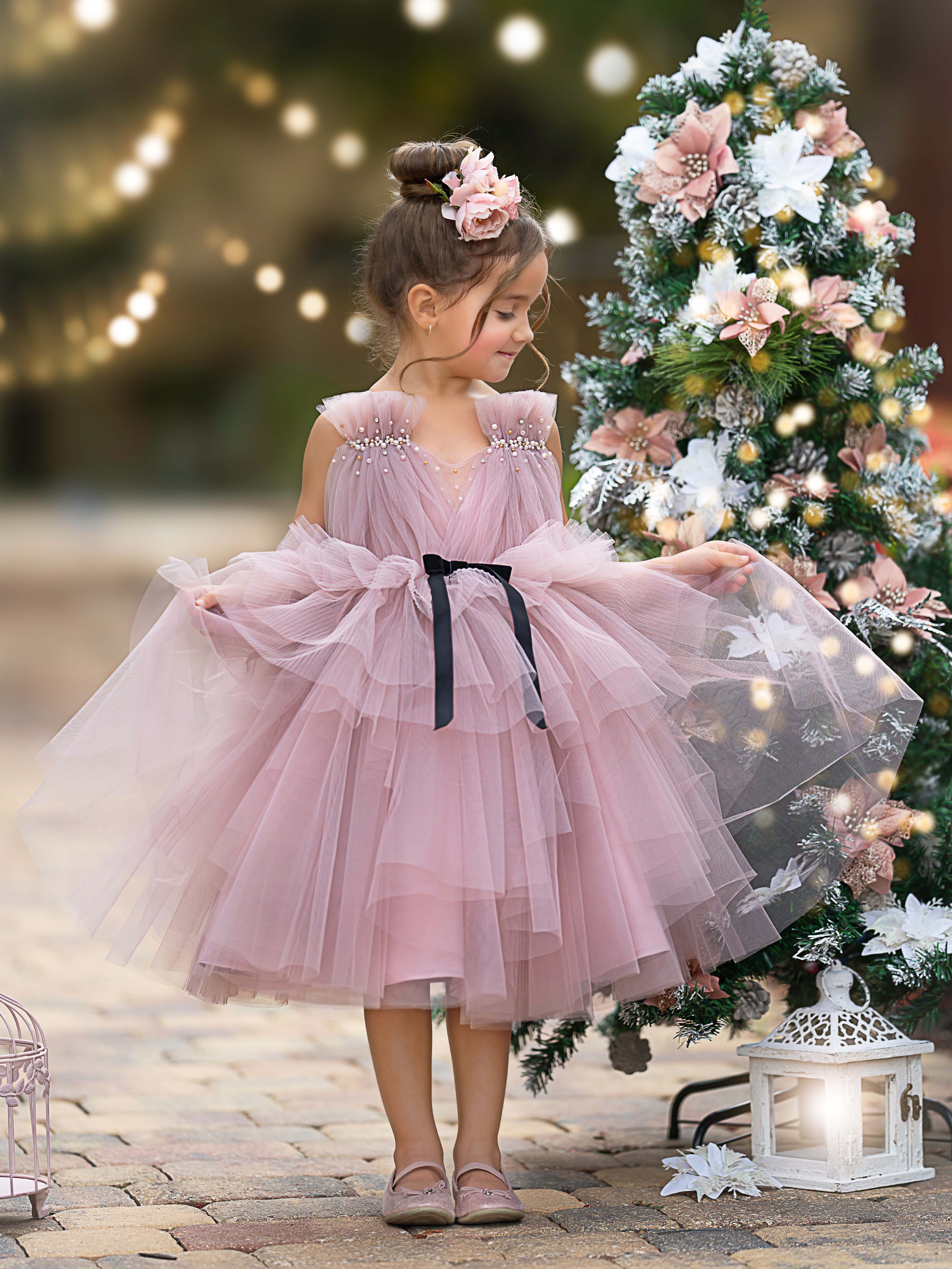 Vestido de niña de las flores de tul sin mangas hasta la rodilla