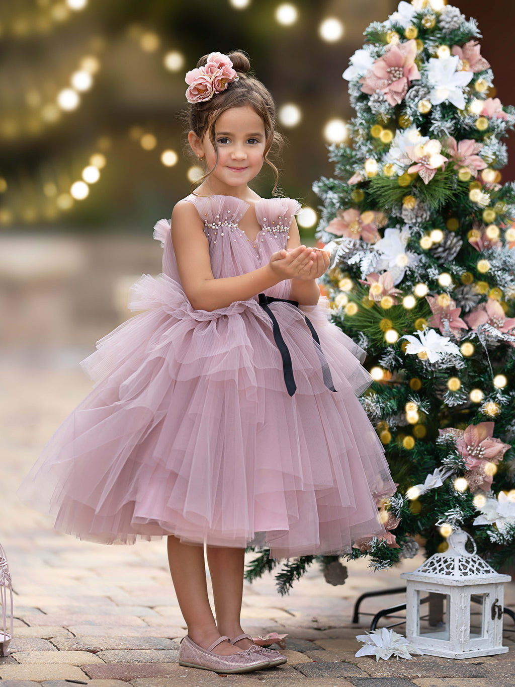Vestido de niña de las flores de tul sin mangas hasta la rodilla