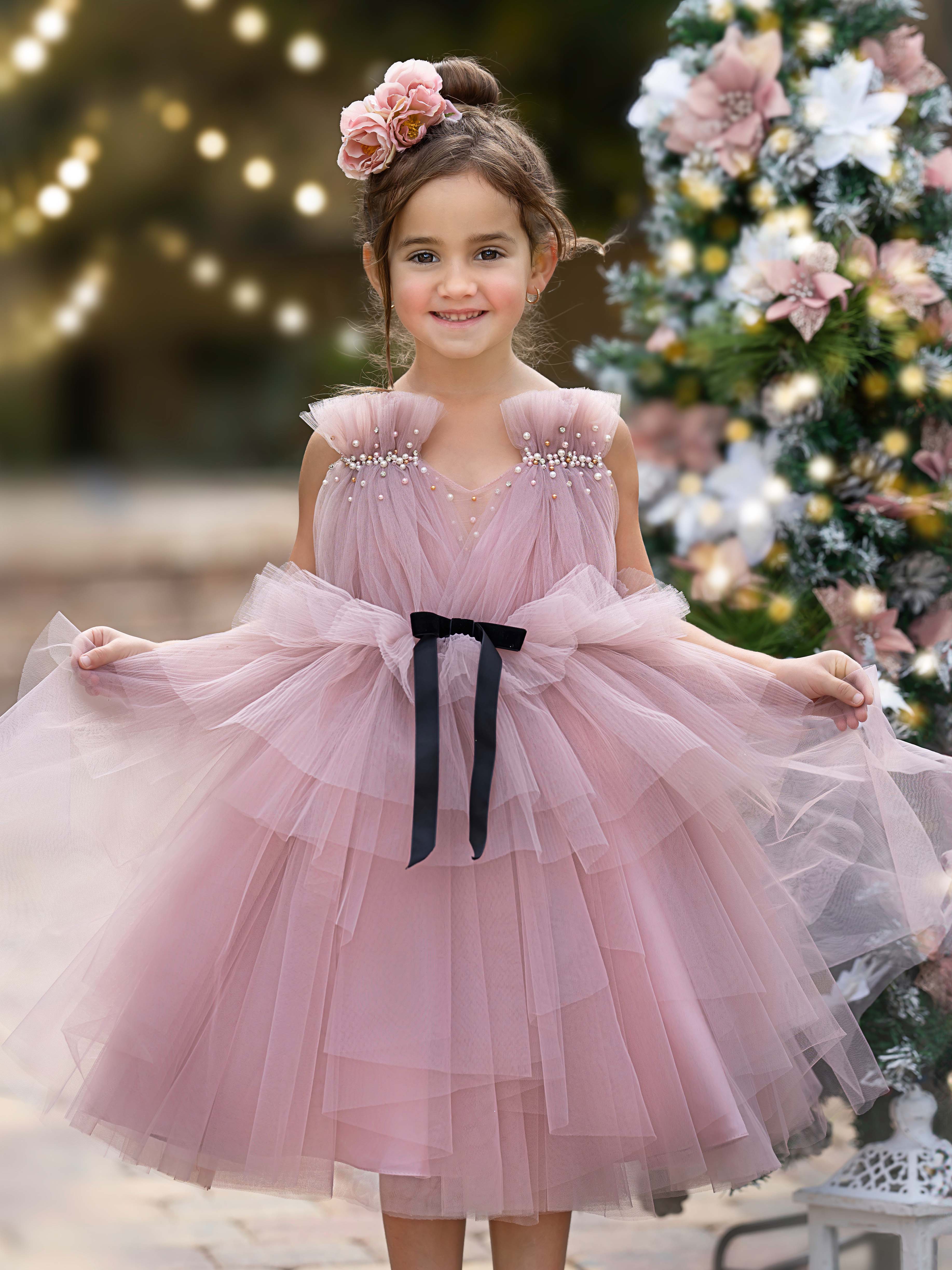 Vestido de niña de las flores de tul sin mangas hasta la rodilla