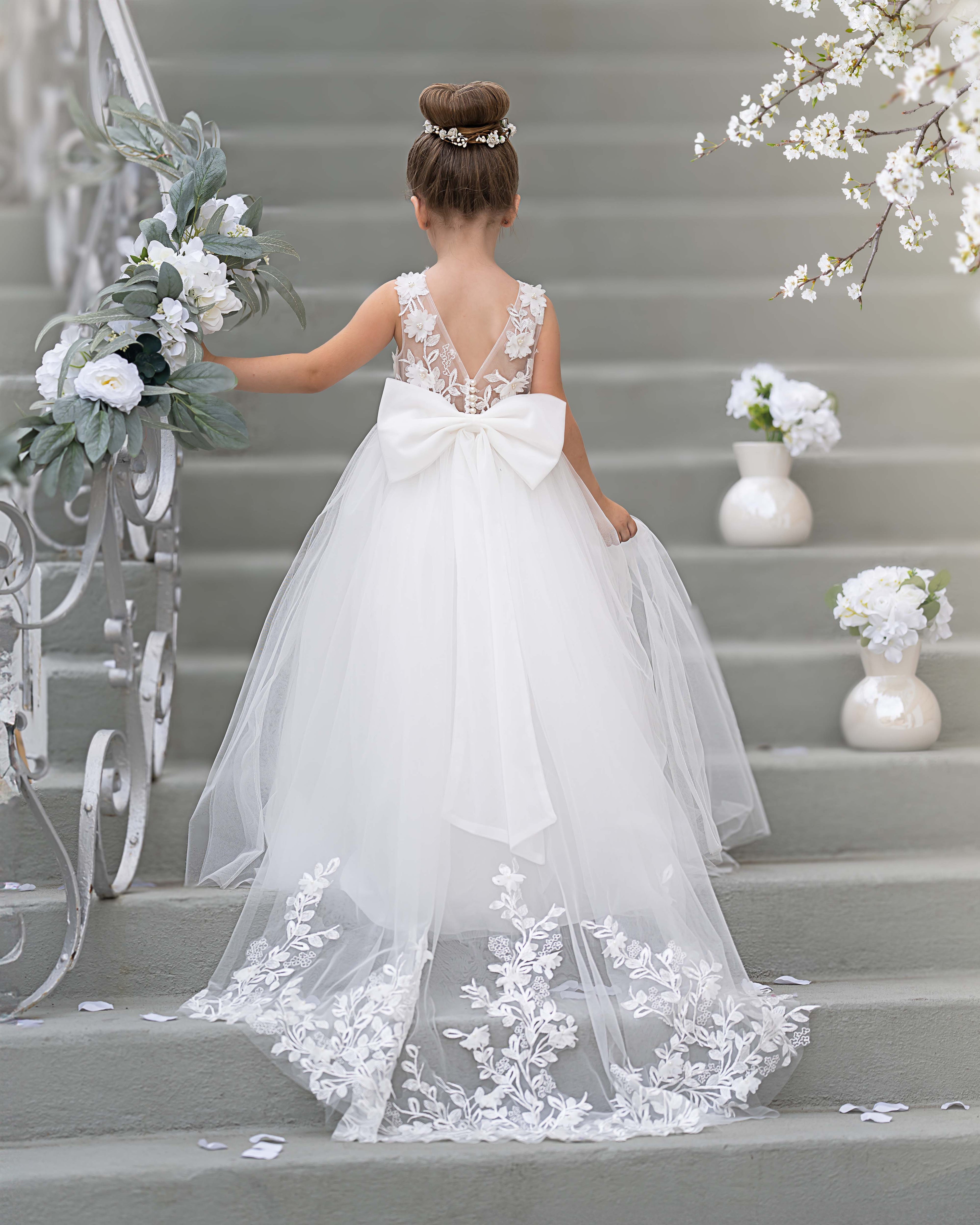 Vestido de niña de las flores sin mangas con cola desmontable de princesa de ensueño 