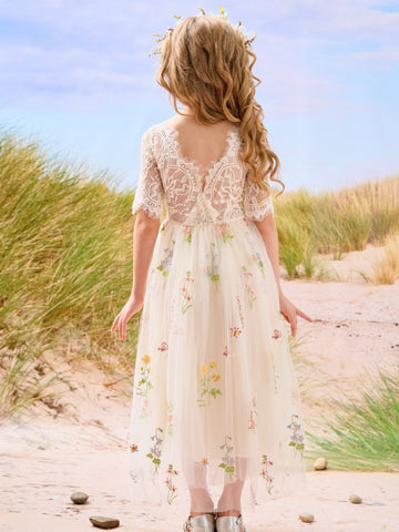 Vestido de niña de las flores color salvia con escote redondo, superficie de tela y tul (2003227581) 