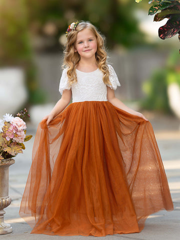 Vestido bohemio de niña de las flores color naranja quemado con encaje hasta el tobillo 