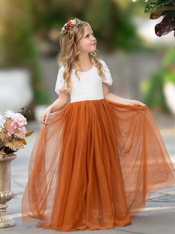 Vestido bohemio de niña de las flores color naranja quemado con encaje hasta el tobillo 