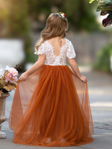 Vestido bohemio de niña de las flores color naranja quemado con encaje hasta el tobillo 