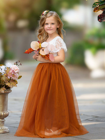 Vestido bohemio de niña de las flores color naranja quemado con encaje hasta el tobillo 