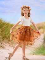 Vestido de niña de las flores color naranja quemado, blanco, encaje, tul y bordado hasta la rodilla 