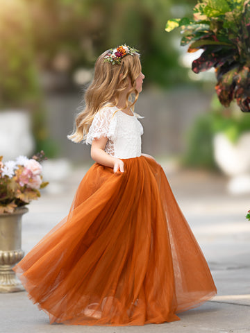 Vestido bohemio de niña de las flores color naranja quemado con encaje hasta el tobillo 