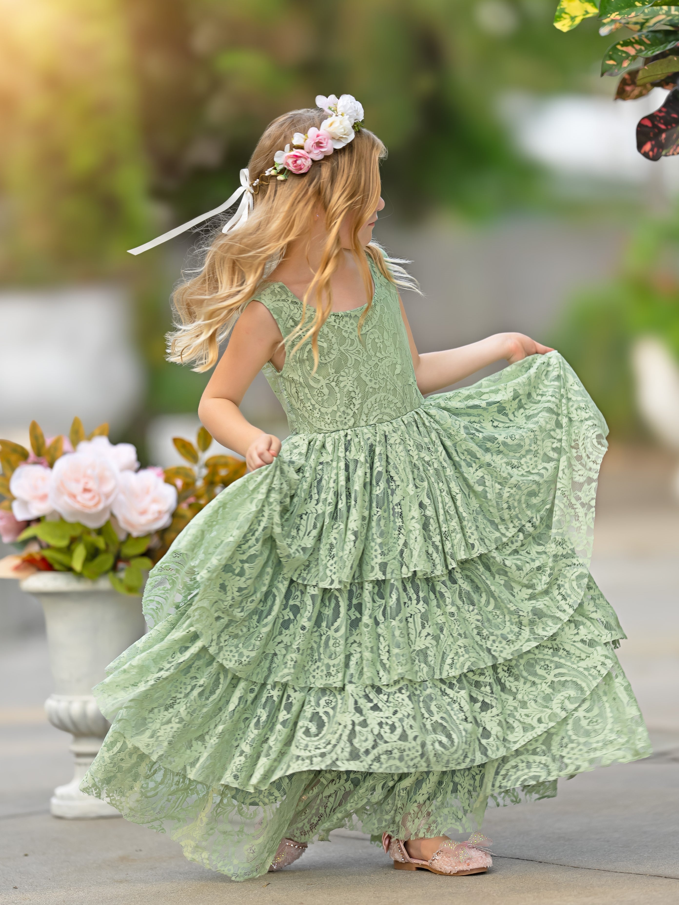 Vestido de niña pequeña de las flores, corte en A, de tul y encaje, hasta el suelo 