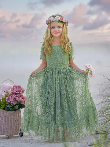 Vestido bohemio de encaje verde salvia para resort de playa con flores 