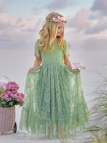 Vestido bohemio de encaje verde salvia para resort de playa con flores 