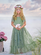 Vestido bohemio de encaje verde salvia para resort de playa con flores 