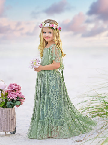 Vestido bohemio de encaje verde salvia para resort de playa con flores 
