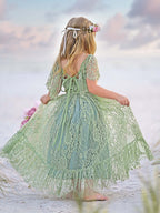 Vestido bohemio de encaje verde salvia para resort de playa con flores 