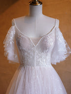 Vestidos de fiesta largos hasta el suelo, corte en A, escote en V, tul con encaje y perlas