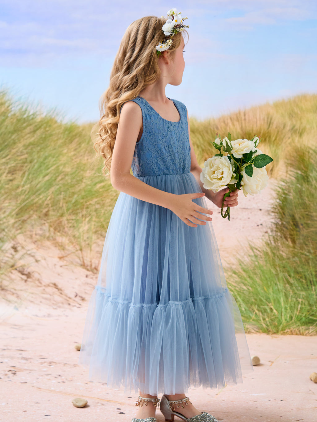 Vestido largo de tul y encaje estilo boho para niña de las flores 