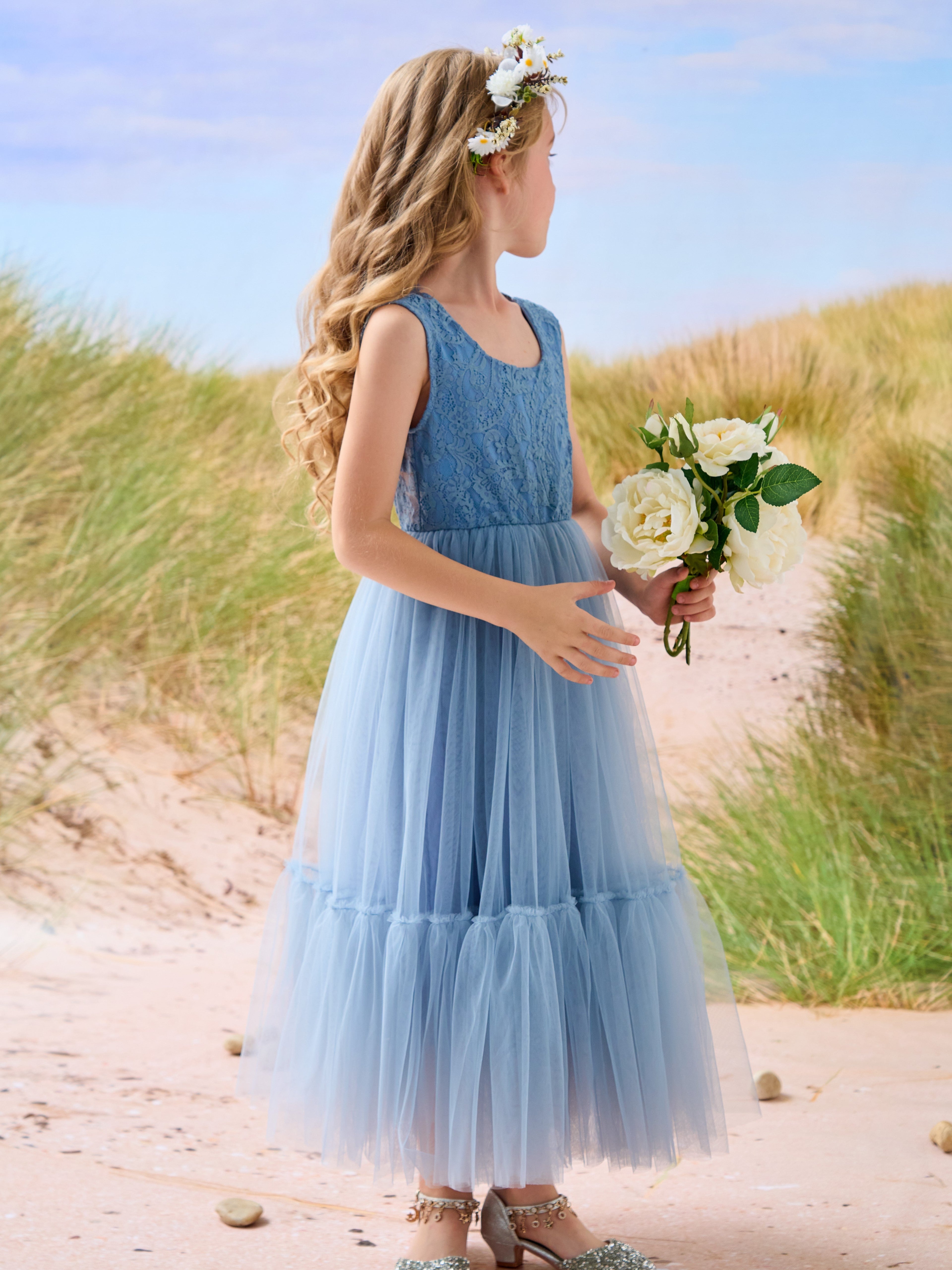 Vestido largo de tul y encaje estilo boho para niña de las flores 