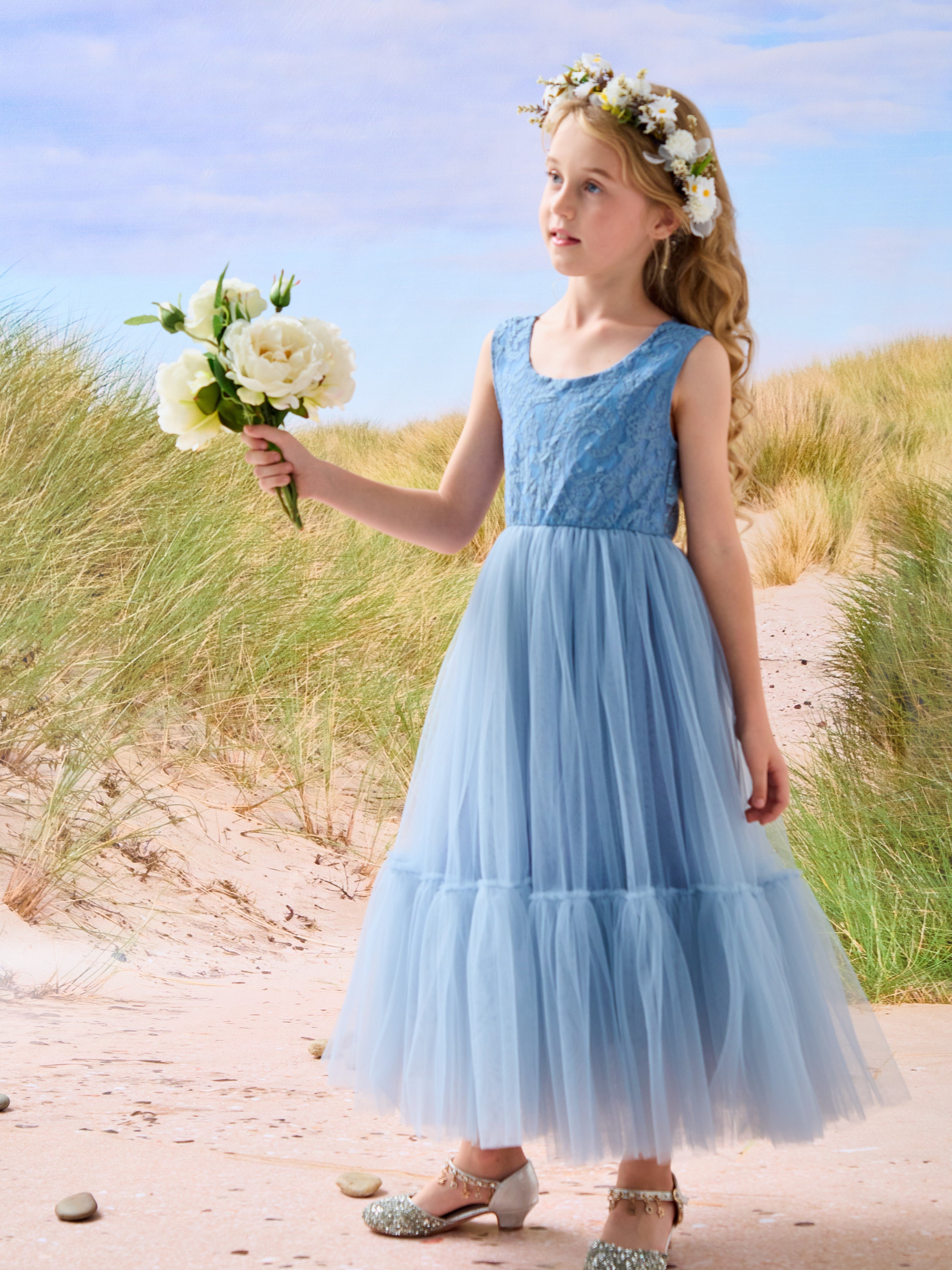 Vestido largo de tul y encaje estilo boho para niña de las flores 