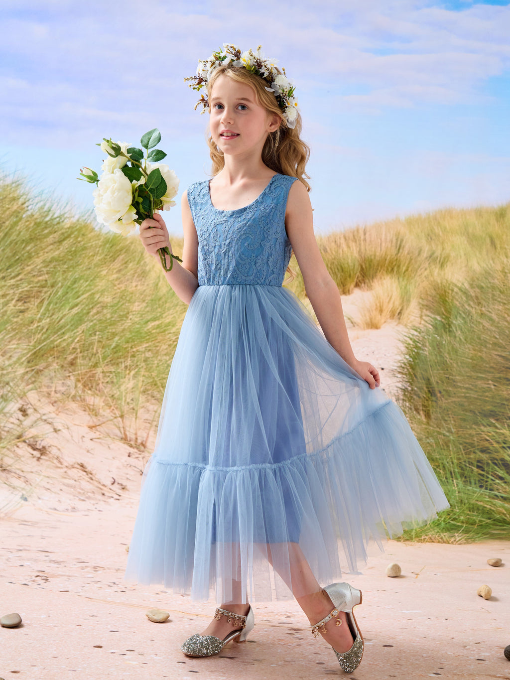 Vestido largo de tul y encaje estilo boho para niña de las flores 