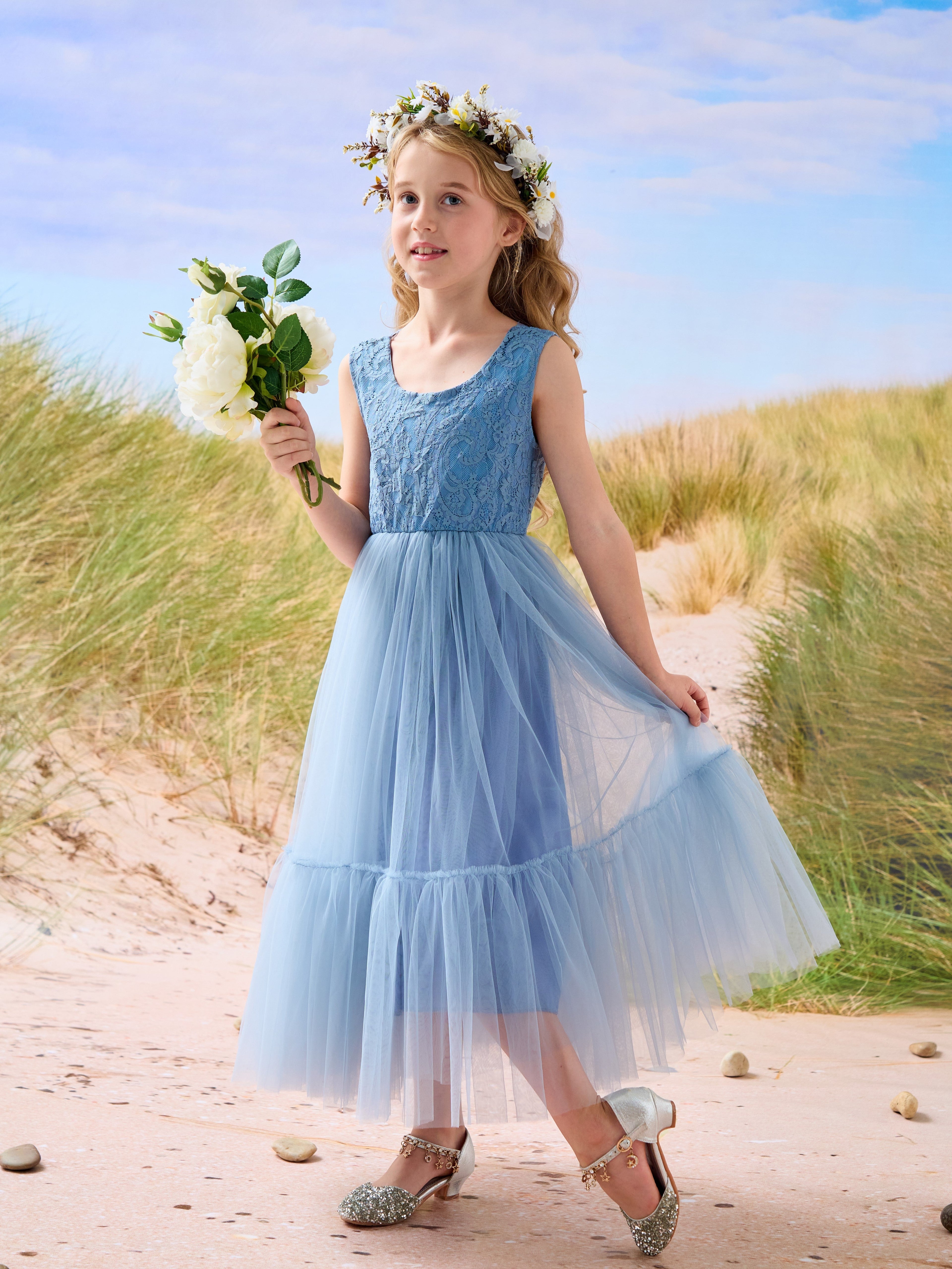Vestido largo de tul y encaje estilo boho para niña de las flores 