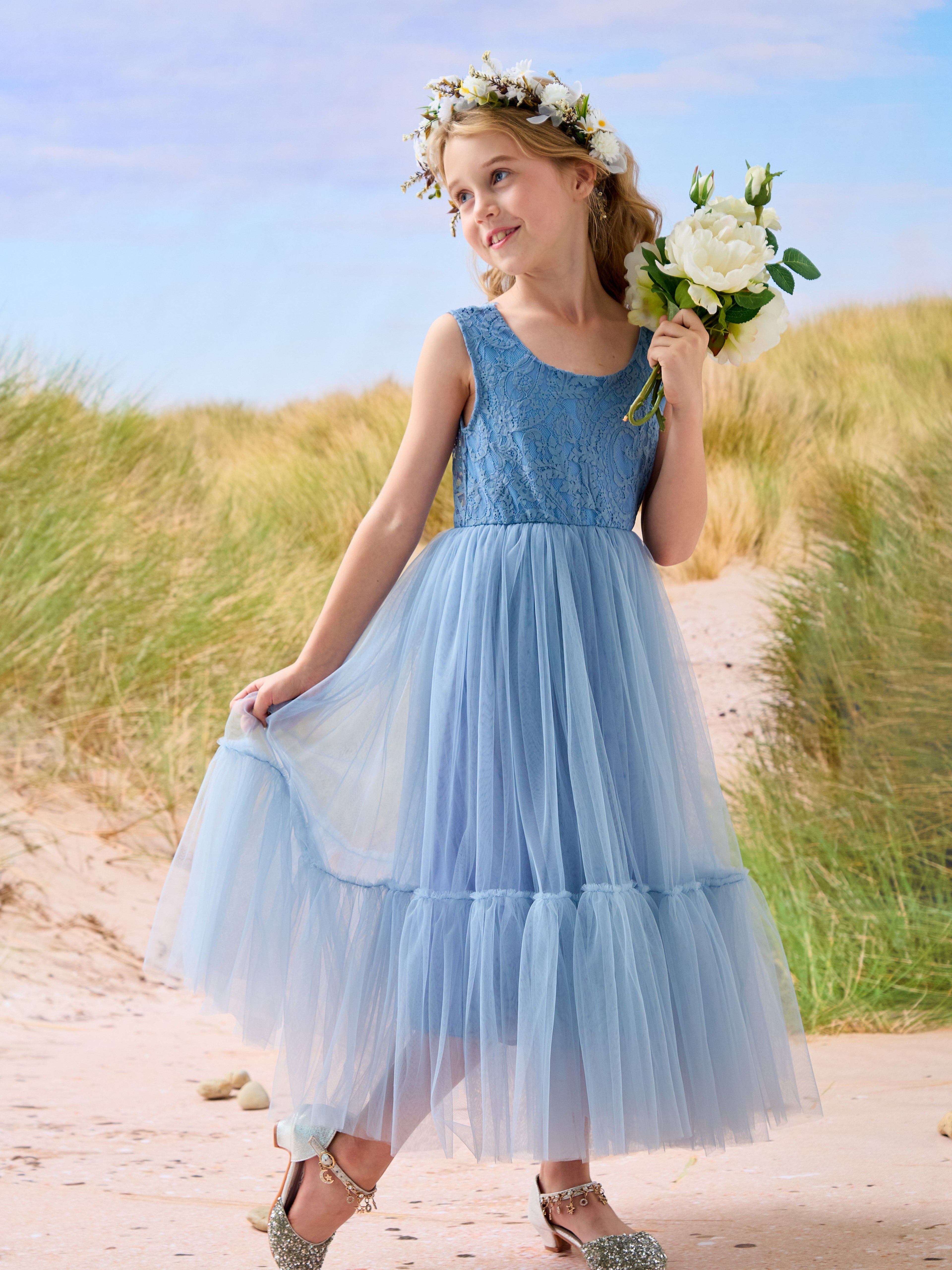 Vestido largo de tul y encaje estilo boho para niña de las flores 